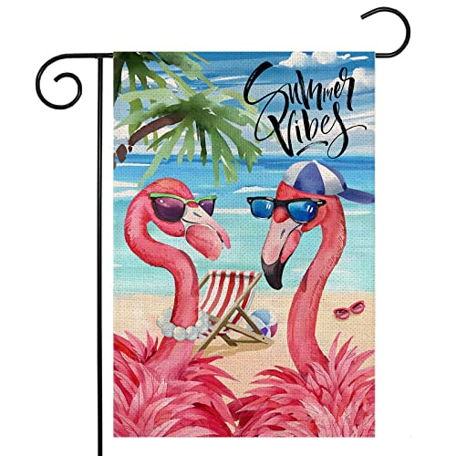 Summer Flamingo Garden Flag For Outside 12X18 Double Sided,Cartoon Flamingo On The Beach Small Yard Flags,Seasonal Decorations For Farmhouse Holiday Spring Outdoor #TOP30