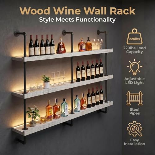 Image of HOUSESET 36 /48 /60 /72 /84in Wine Wall Rack with Led Lights, 3-Tiers Modern Pipe Liquor Bottle Display Shelf, Bar Shelves Wall Mounted for Commercial Bar, Restaurant, Home