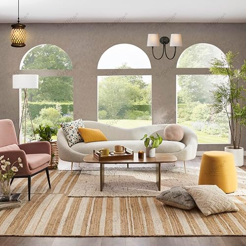 Image of Rosewood Luxury Curved Sofa in Premium Boucle Fabric | Solid Wood Structure | High Density Foam | Sturdy Golden Legs | Comfortable & Stylish Couch for Modern Living Room (Beige, 3 Seater)