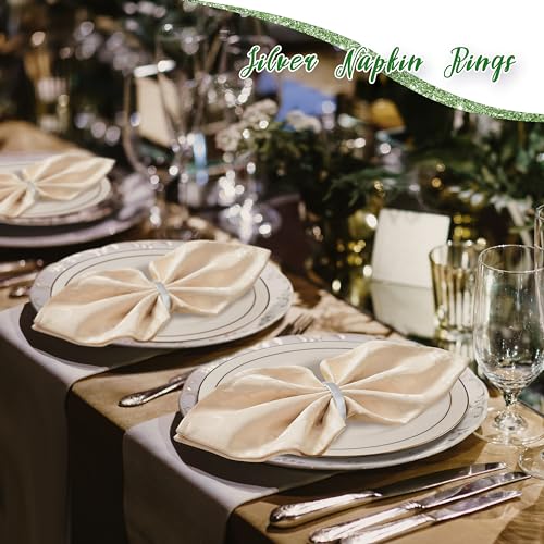 Image of APTWOW Silver Napkin Rings Set of 6, Semicircle Metal Napkin Holder Buckles, Fall Thanksgiving Christmas Napkins Rings for Dinner Table Decor, Wedding, Banquet