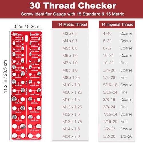 30 Thread Checker, Bolt Size and Thread Gauge with 15 Metric and 15 Imperial for Machinists, Engineers and DIYers