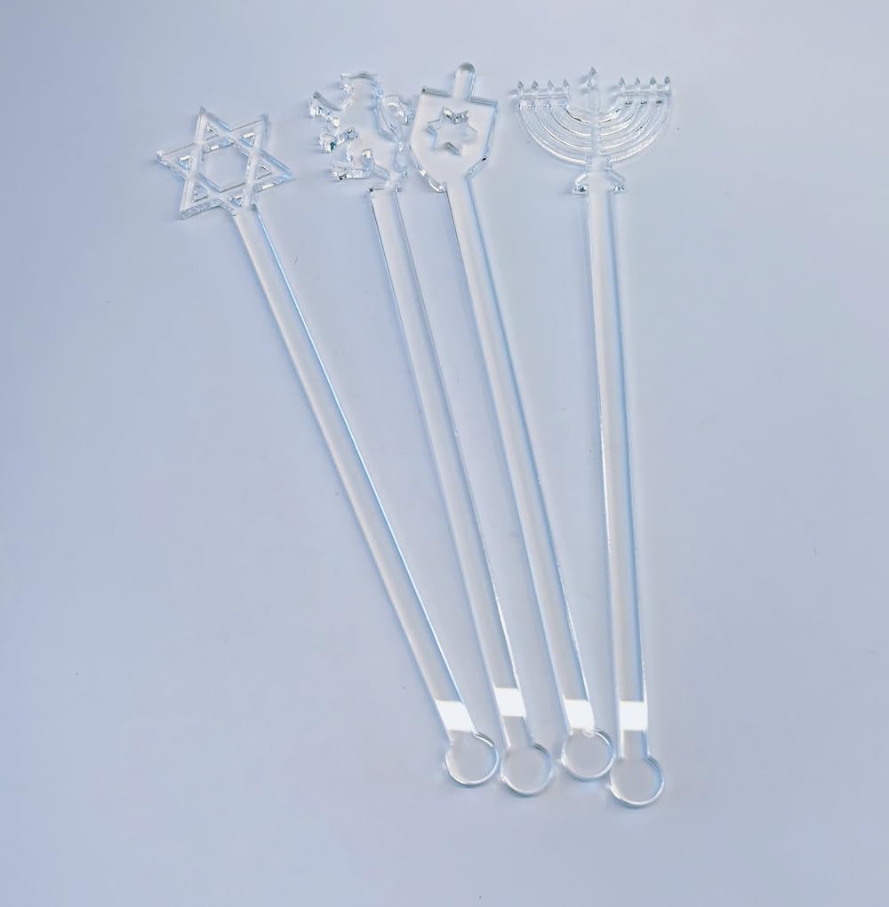 20pcs of Hanukkah Drink Stirrer,Swizzle Sticks Acrylic Star of David,Dreidel,Lion of Judah,and Menorah Jewish, Festival of Lights(Clear)