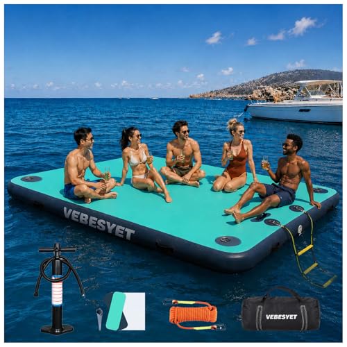 VEBESYET Inflatable Floating Dock with Soft Ladder, 6 inch Thick Non-Slip Inflatable Dock Floating Platform, Durable Drop-Stitch Inflatable Dock for Lake, Ocean, Swimming & Fishing