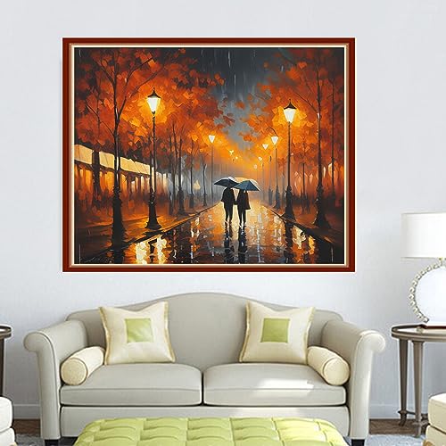 Image of Dimensean Stamped Cross Stitch Kits Full Range of Embroidery Patterns Starter Kits for Beginners Adult DIY Cross Stitches Needlepoint Kits 11CT-Strolling Rainy Night 15.7x19.7 inch