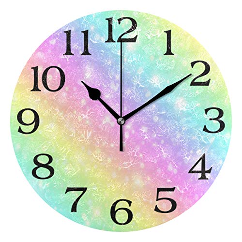 linomo Galaxy Rainbow Glitter Star Wall Clock Decor, Silent Non Ticking Round Clock Quiet for Kitchen Living Room Bedroom Bathroom Office