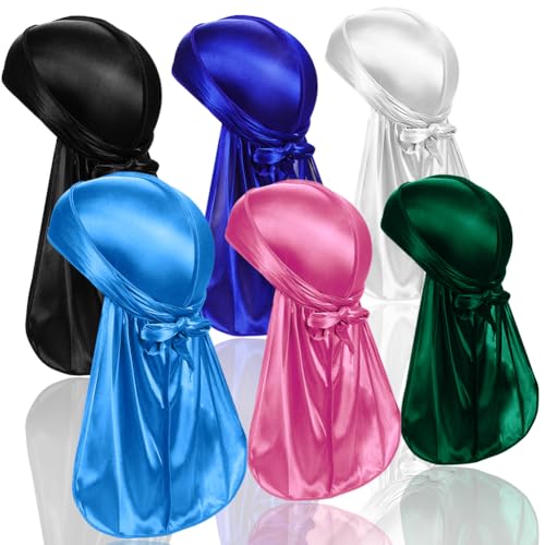 TSKNOMO 6 Pcs Durags en Satin pour Hommes, Lot de Do Rags avec Longue Queue et Larges Bandes pour Hommes et Femmes