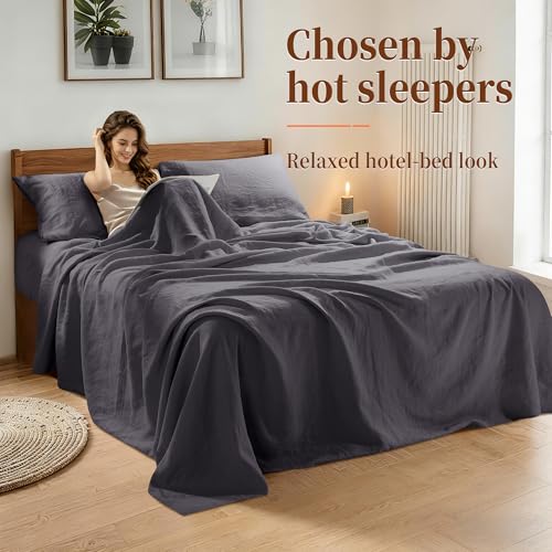 Image of 100% Pure Linen Sheet Set for Hot Sleepers, Breathable Natural Linen Sheets 4pcs, Bedding Set Deep Pocket Up to 16 inch Moisture-Wicking, Softens with Every Wash (Dark Gray King)