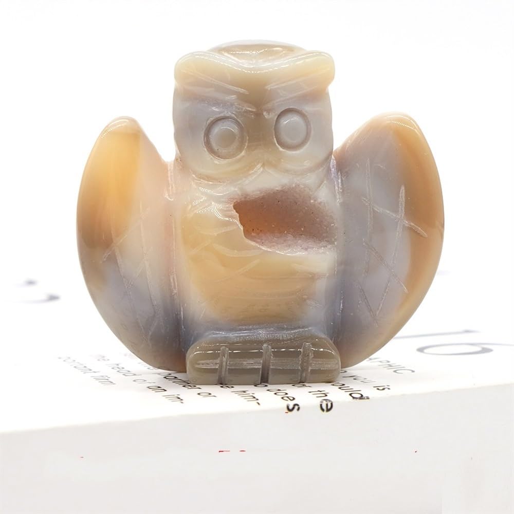 AUOQKQUT Beautiful Animal Statue Crafts Home Decoration Fish, owl swan Head Penguin Statue, Gray Agate geode Crystal Carving (Color : Owl, Size : 3 pcs)