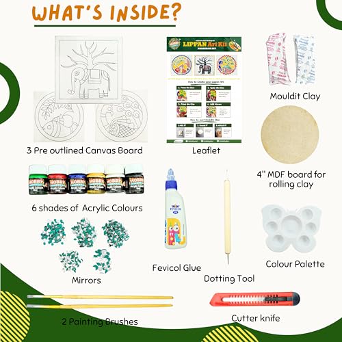Image of HobbyNest DIY Lippan Art Kit - Madhubani Folk Art | 3 Pre-Outlined Canvas Boards | Complete Craft Kit | Indian Art Hobby Kit | Wall Decor | Gift (Madhubani Set)