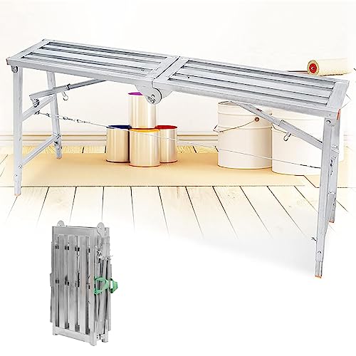 Image of Adjustable Height Work Platform Folding Scaffolding Equipment Bench Workbench Multipurpose Galvanized Steel Scaffolding for Home Improvement Patching Drywall or Cleaning