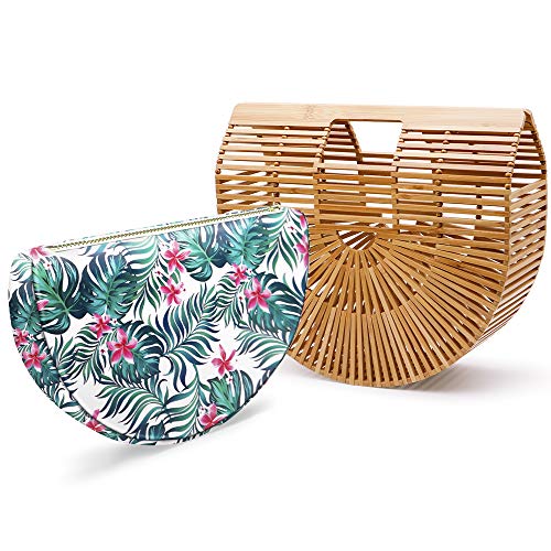 Bamboo Handbag Tote Bag by Handmade Straw Bag for Women Natural Basket Bag for Summer Beach (Small, Beige)