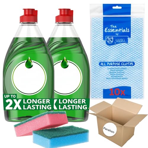 Original Washing Up Liquid 2x 320ml, 2x Sponge Scourers & 10 Essentials All Purpose Cleaning Cloths – Long-Lasting Grease Removal – Powerful Dishwashing Liquid & Kitchen Cleaning Essentials Bundle