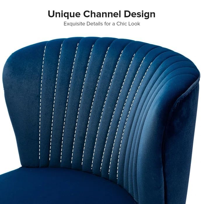 Image of Modern Upholstered Accent Velvet Chair Single Seater Channel Tufted Wing Back Chair with Golden Matel Legs for Living Room, Bedroom, Dining Room, Navy Blue