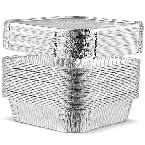 PLASTICPRO 5 Pack 8 Inch Square Aluminum Pans with Lids Disposable Tin Foil Pans Baking Pans Food Storage
