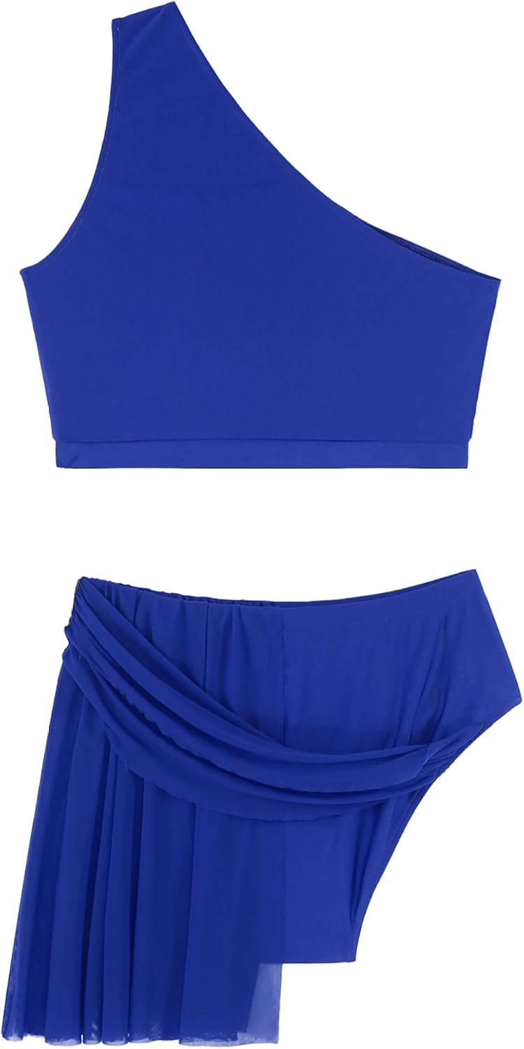 Women Lyrical Dance Costume One Shoulder Crop Top with Mesh Skirted Briefs Two Piece Modern Contemporary Outfit