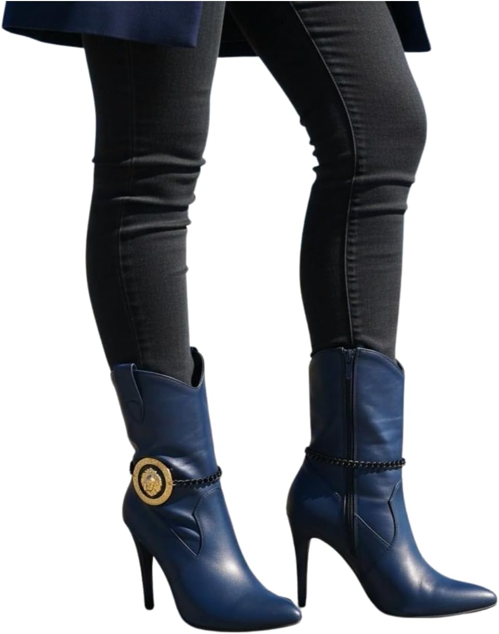 Women's Luxe Boot Jewelry Pair, 2pcs Black Metal Boot Chain Bracelets With Gold Lion Head Coin Medallion Charm, Statement Shoe Anklet (BC197)