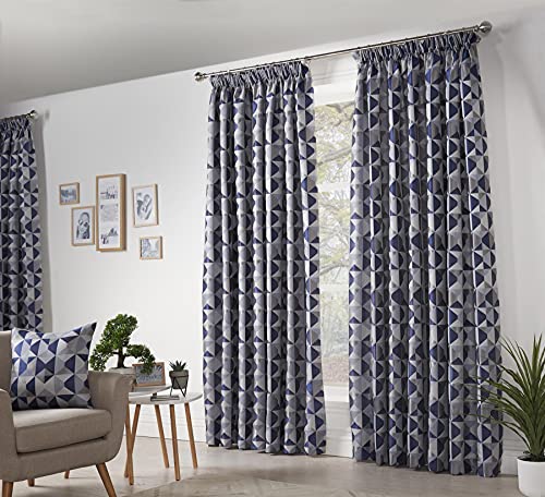 Skandi Taped Pencil Pleat Curtains Fully Lined Weave Jacquard Navy 46x54, W 46" x L 54" (1 Panels)