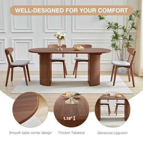 Image of 70.8 Inch Dining Table for 4-6 People, Oval Kitchen Table with Semi-Cylindrical Legs Base, Modern Farmhouse Round Dinner Tables for Dining Room Kitchen Living Room (Walnut)