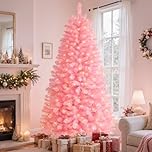 SHareconn 7ft Pre Lit Christmas Tree with 320 Warm White LED Lights, 8 Adjustable Lighting Modes, 1076 Branch Tips, Foldable Metal Stand, Artificial Christmas Trees for Home Party Decoration, Pink