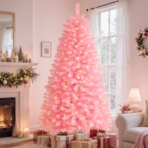 SHareconn 7ft Pre Lit Christmas Tree with 320 Warm White LED Lights, 8 Adjustable Lighting Modes, 1076 Branch Tips, Foldable Metal Stand, Artificial Christmas Trees for Home Party Decoration, Pink