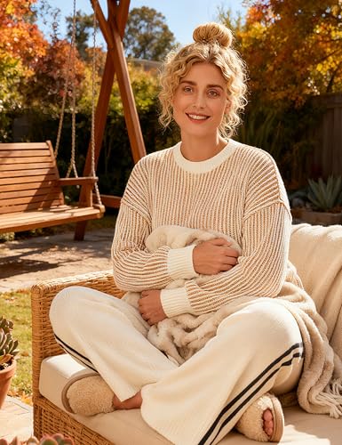 Image of Beyond Chenille Sweater for Women 2026 Winter Crew Neck Pullover Sweater Color Block Knit Tops