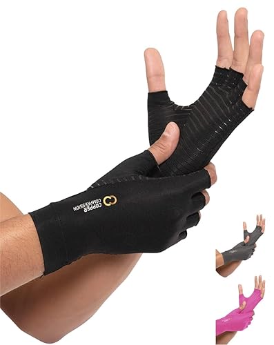 Copper Compression Arthritis Gloves | Fingerless Arthritis Carpal Tunnel Pain Relief Gloves For Men & Women | Hand Support Wrist Brace For Rheumatoid, Tendonitis, Swelling, Crocheting, Typing (L) - Black - Large (1 Pair)