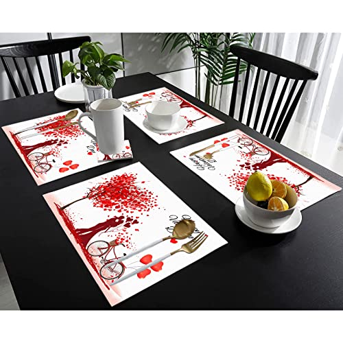 Valentine's Day Placemats Set Of 4, Romantic Vintage Red Heart Couple Love Tree Non-Slip Heat Resistant Place Mats, Washable Holiday Birthday Wedding Farmhouse Home Kitchen Dining Table Decorations #TOP3