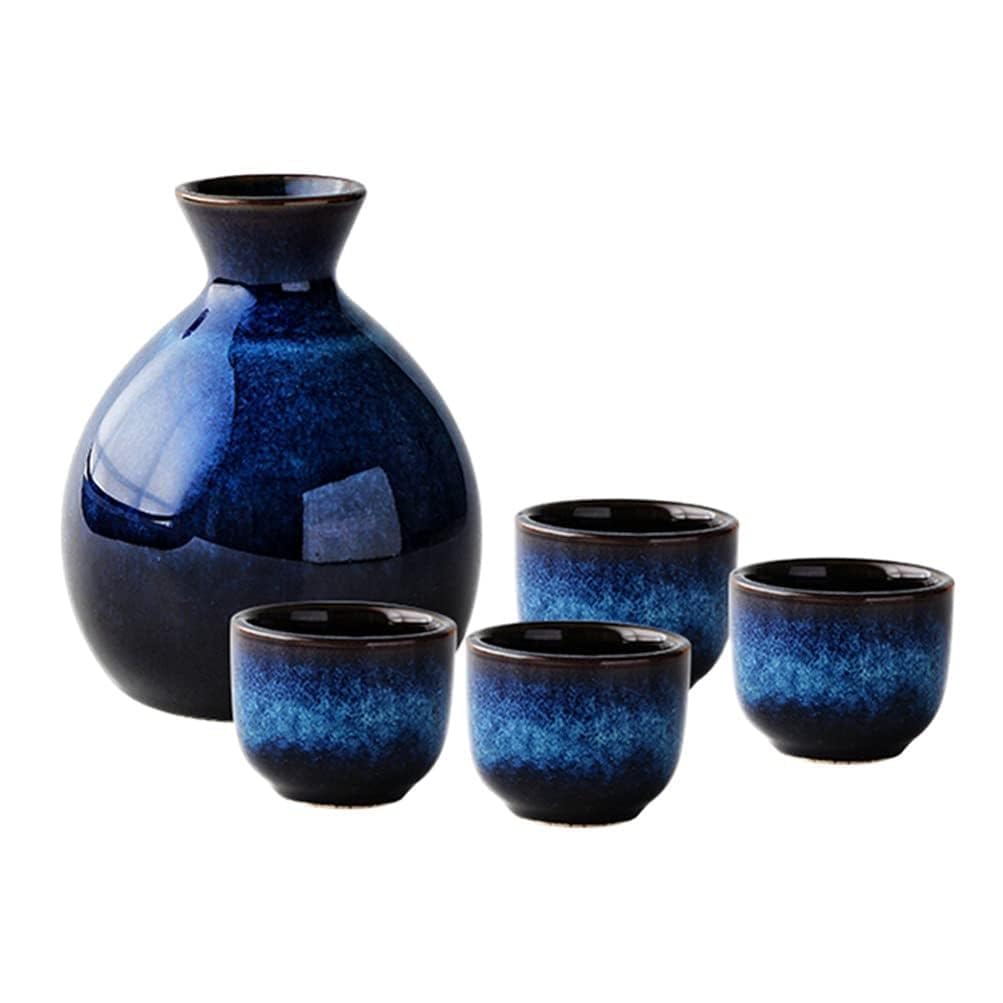 THE WHITE SHOP 5 PCS Japanese Sake Set, Navy blue Ceramic Cup Crafts Wine Glasses, Wine Glass Set for Warm/Cold Sake Service, for Home Decor Best Gift for Family and Friends-Tea Service