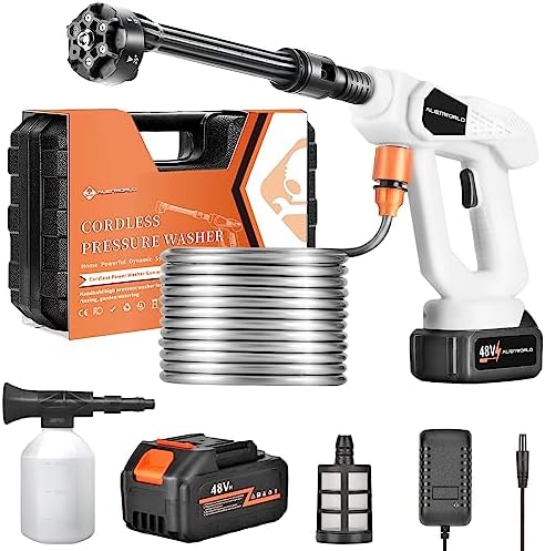 ALIENWORLD Cordless High Pressure Washer Gun with Foam Cannon,High Power, Electric Cleaner, Self-Battery, 6-in-1 Nozzle,Max 870PSI, Filter Basket for Impurities,Outdoor Car Cleaning，Portable Flushing