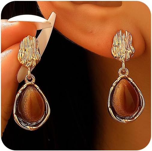 Brown Gold Statement Earrings for Women Trendy, Vintage Geometric Gem Stone Drop Hanging Earring Unique Irregular Crystal Stud Jewelry Accessories