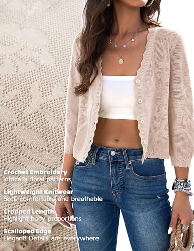Image of Women Crop Cardigan Sweaters Lightweight 3 /4 Sleeve Button Up Crochet Shrug | Textured Bolero For Dresses Dressy Casual, V Neck, Ladies Eyelet Shawl Thin Trendy