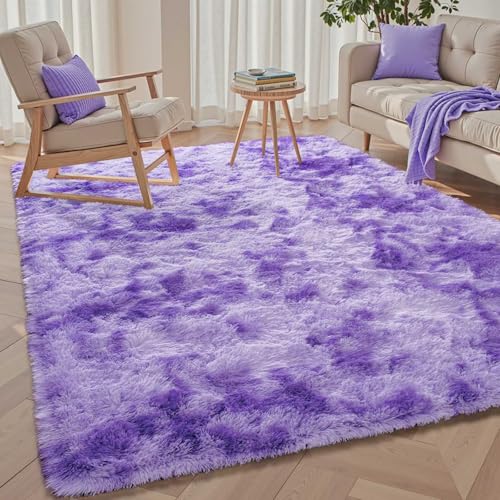 Purple White Rug Fluffy 3x5 Bedroom Rugs Girls,1.7'' Plush Soft Fuzzy Area Carpet Non Slip for Living Room Nursery Kids Girlie Elegant Home Decor Aesthetic