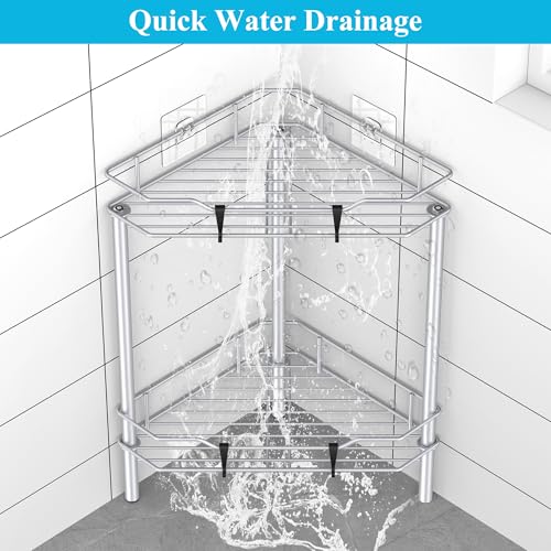 Image of HuggieGems 2 Tier Floor Standing Corner Shower Caddy Organizer Shelf with Hooks, Bathroom Shelves Stand Rack, Silver