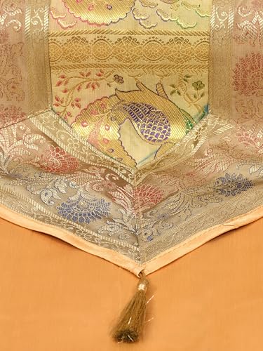 Image of Banarasi Brocade Zari Silk Table Runner Dinning & Centre Table Runner 177 By 30 CM (Beige, Peacock)