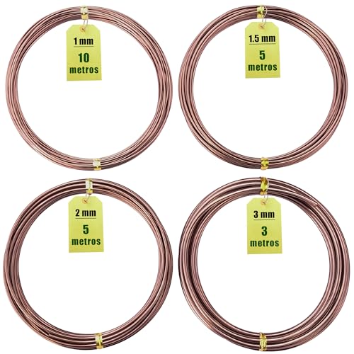 Robin's Garden 4 Rollos Alambre Bonsai - Alambre Aluminio Anodizado - 4 Grosores Distintos - 1mm, 1.5mm, 2mm y 3mm - Alambres para Dar Forma al Bonsai (4 Tamaños - Color Marrón)
