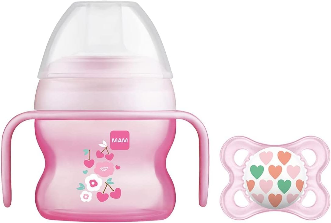 Starter Cup and MAM Handles with 0+ Months Start Soother, Baby Cup for 4+ months, Baby Feeding, 1x 150 ml, Pink (Designs May Vary)