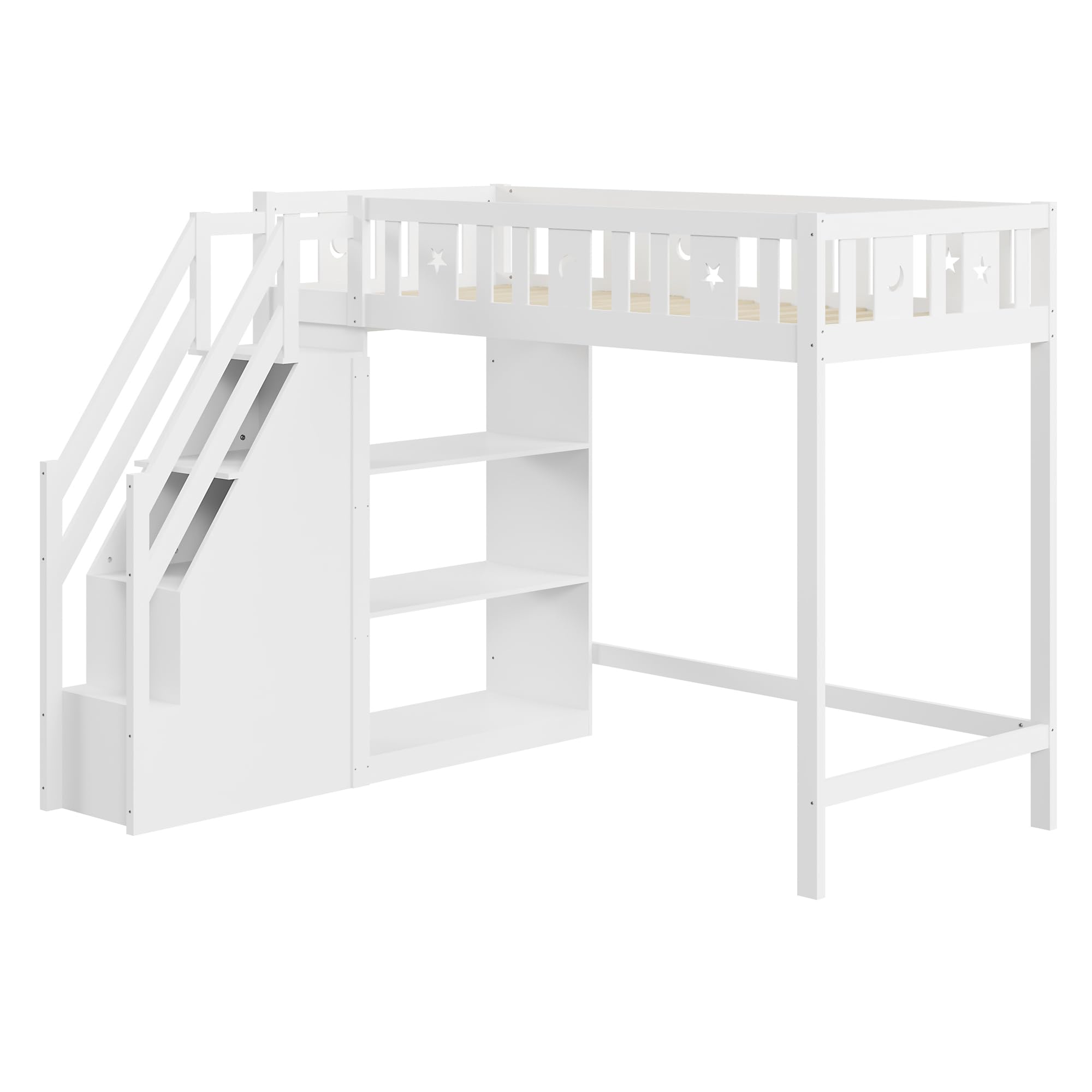 Cama Alta Infantil 90x200 Cm Con Escalera Y Almacenamiento - Blanco Y Natural - Escritorio Integrado - Segura Y Estable