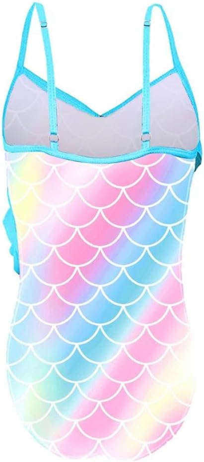 Dressy Daisy Girls Mermaid Bathing Suit Toddler Rainbow Scale Print Ruffle One-Piece Swimsuit for Beach Pool Party