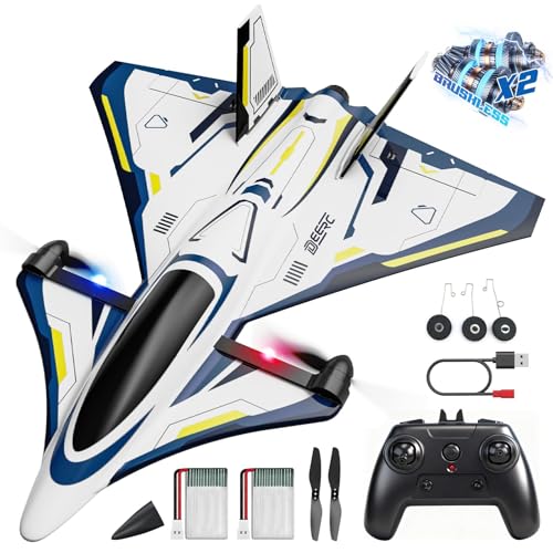 DEERC Avion Télécommandé sans balais 4CH, Jet télécommandé de Science-Fiction avec lumières LED, Jouet acrobatique RTF, stabilisateur gyroscopique 6 Axes 2,4 GHz, Planeur en EPP pour Adultes.