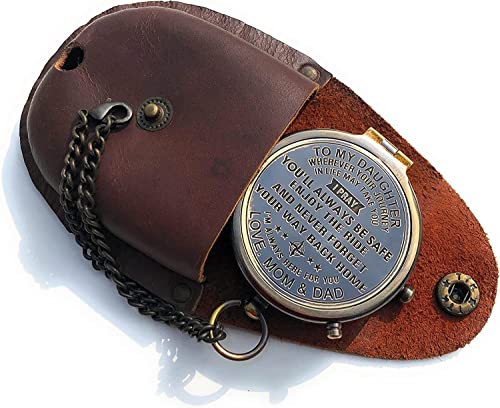 Brújula de latón grabada con estuche de cuero miniatura 1
