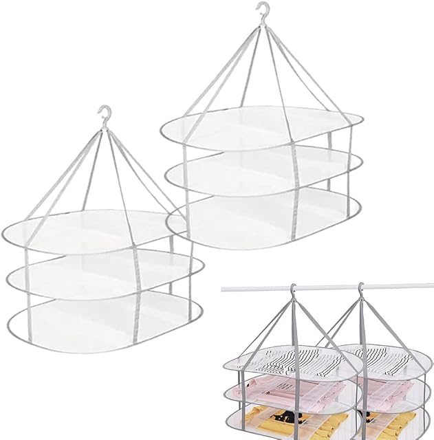 Gcroet Clothes Drying Net Sweater Drying Rack Folded Mesh Clothes Hanging Dryer 3 Tier Lay Flat to Dry Mesh Storage Basket Drying Rack Mesh Hanger Windproof Drying Clothes Net 2pcs