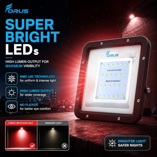 Image of Forus 20W LED Flood Light, Red Color Light, 4-Year Warranty, IP67 Waterproof Outdoor Lighting, High Mast Halogen Focus Light for Factory, Garage, Parking, Garden, Shop, Warehouse, Tent, Warehouse, 1PC