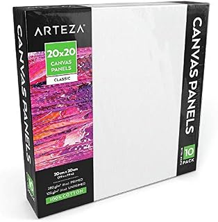 Arteza 20 x 20 cm Blank Square Canvas Board Panels, Pack of 10, 100% Cotton, Primed with Acid-Free Titanium Acrylic Gesso, for Professional Artists, Hobby Painters, Acrylic Pouring, and Painting