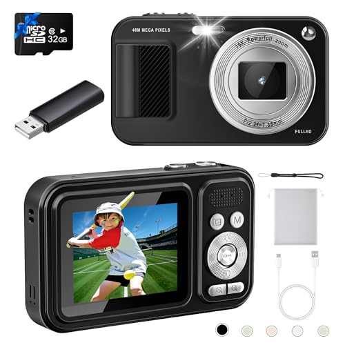 Digital Camera, Autofocus 48MP Point and Shoot Digital Camera, FHD 1080P Vlogging Camera with 32GB Card, 16X Zoom Anti-Shake, Compact Small Camera with 1500mAH Built-in Batteries for Boys Girls Kids