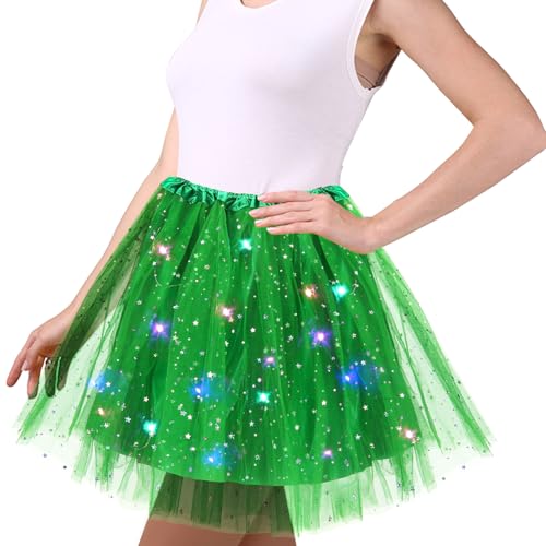 Grün Tüllrock Damen, 45cm Sterne Pailletten Tanzkleid, Dehnbaren Minirock Mit LED Lichter, Erwachsene Tütü Rock Ballettrock für Fasching...