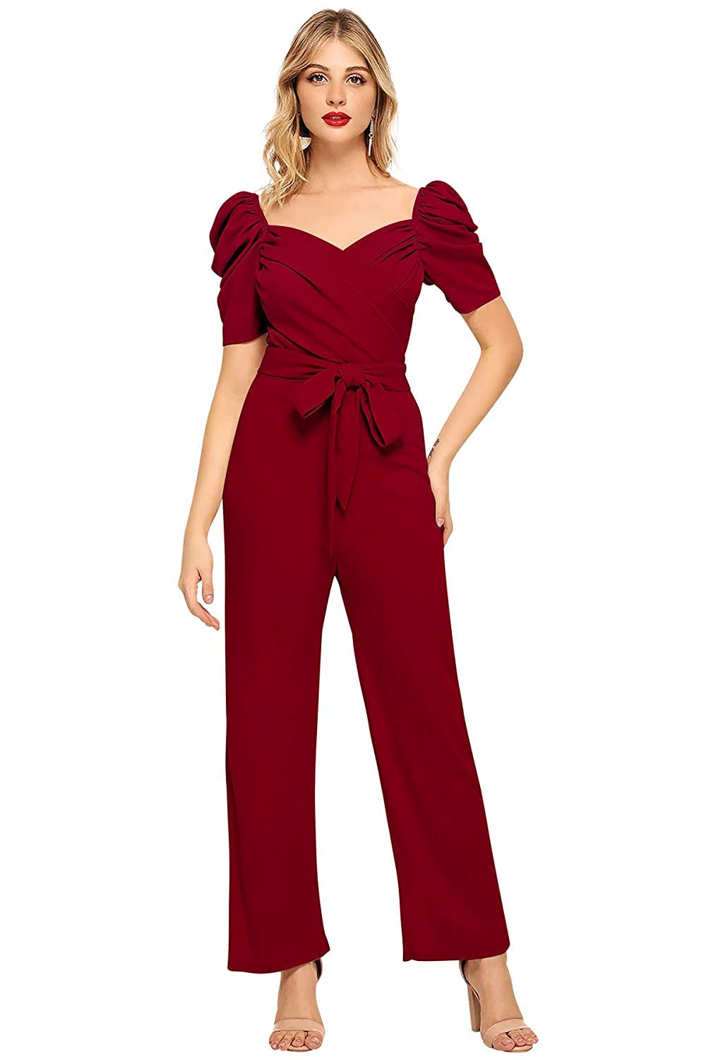 Women's Elegant Black Jumpsuit with Puff Sleeves, Sweetheart Neckline, Belted Waist