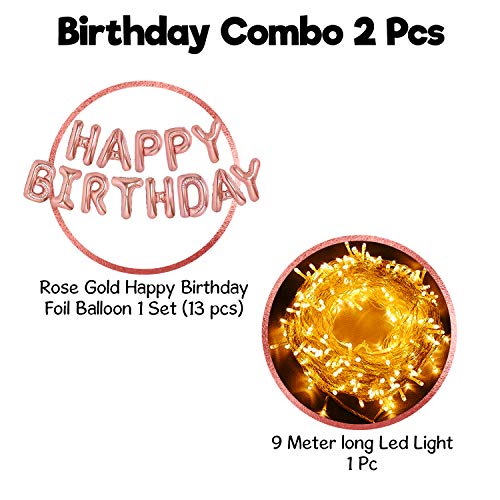 Image of Party Propz Rose Gold Happy Birthday Banner (Foil) Pack of 2, Huge Happy Birthday Banner With Led Lights, Alphabet Balloons for Decoration, Birthday Decoration Combo Fairy Lights, Foil Balloons