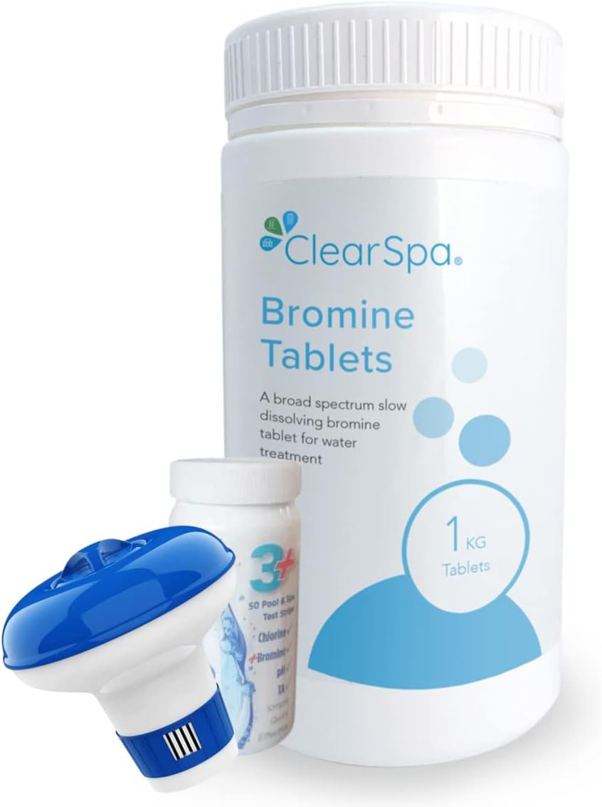 ClearSpa Hot Tub Bromine Tablets 1kg, Floating Dispenser & Test Strips