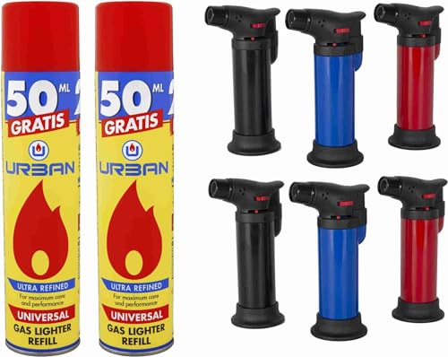 DISPAU 6 Mini Sopletes para Cocina Flambeador de Gas con Llama Ajustable Perfecto para Caramelizar, Crema Catalana y Barbacoas ¡Con 2 Botella Gas Rellenables con 5 Adaptadore Gratis!