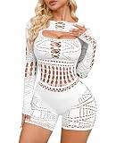 Rayson Lencería Sexy de Malla para Mujer Elástica Babydoll Malla Ropa Interior Body para Mujer de Manga Larga Clubwear(Blanco)